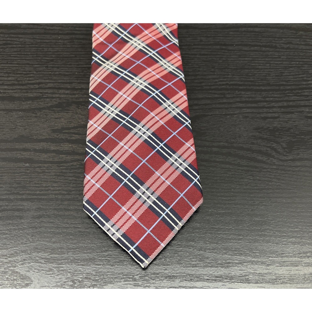Tasso Ella Spa Red Navy Plaid Tie 100% Silk‎ Handmade New with Tags